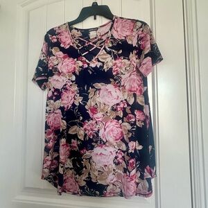 Hemish USA Crisscross Neck Short Sleeve Top - Pink/Black